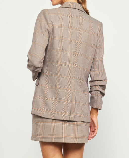 RUCHED SLEEVE OPEN FRONT PLAID BLAZER - BROWN