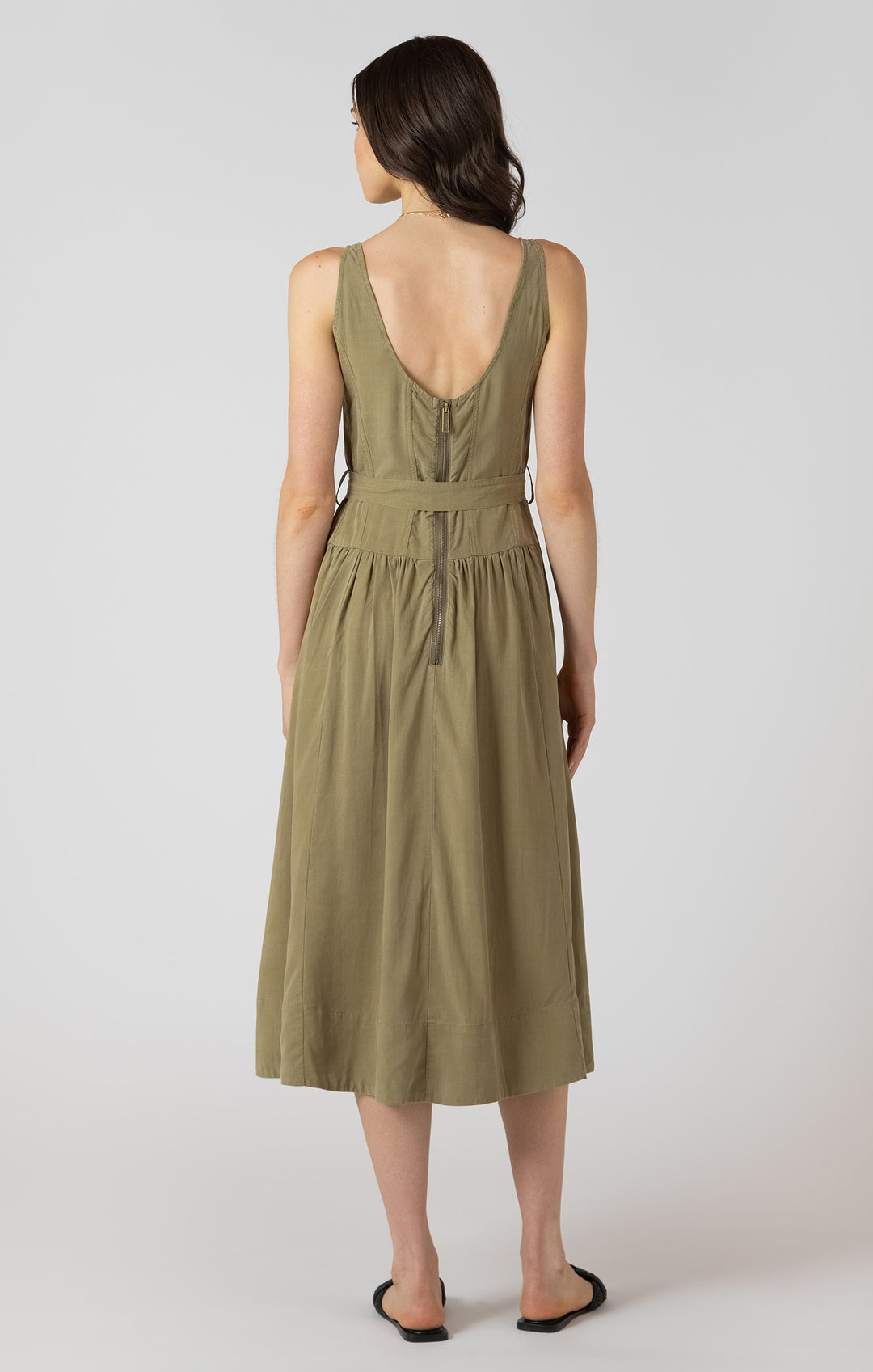 BELTED DROP WAIST MIDI DRESS - DUSTY SAGE