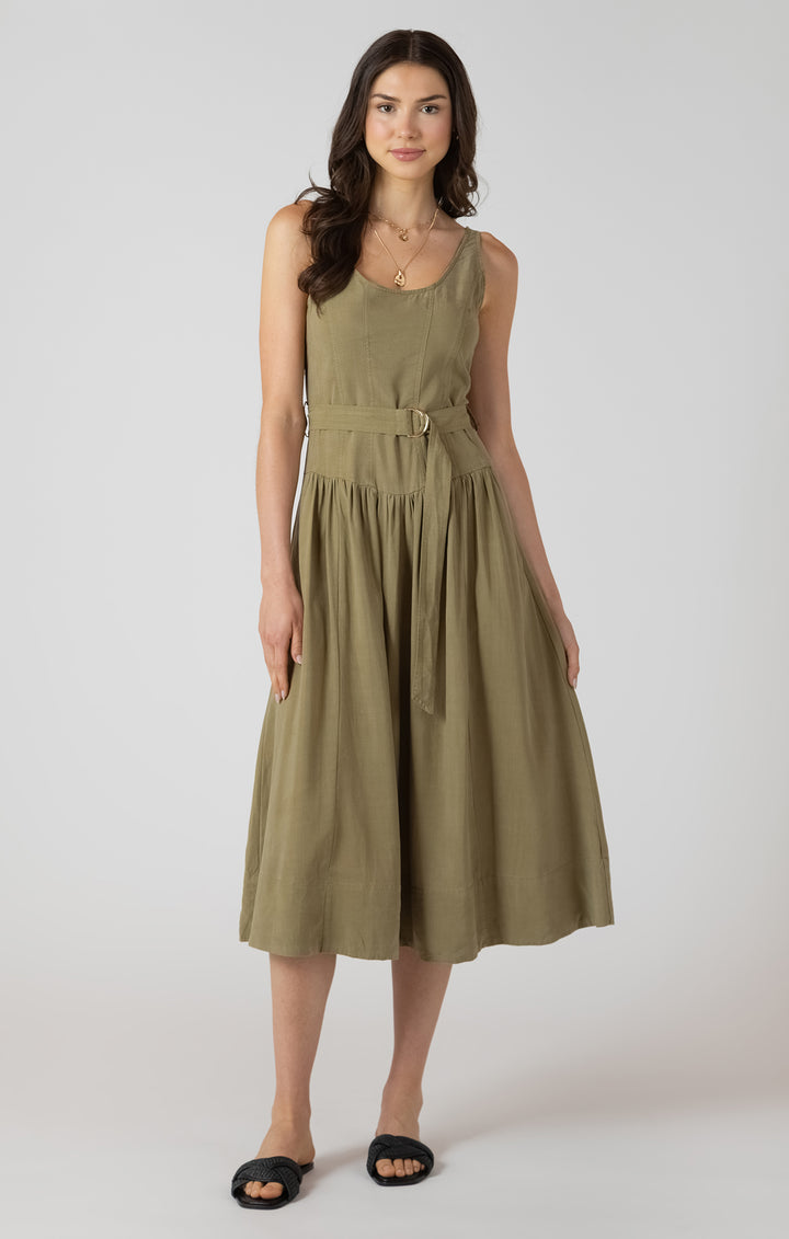 BELTED DROP WAIST MIDI DRESS - DUSTY SAGE