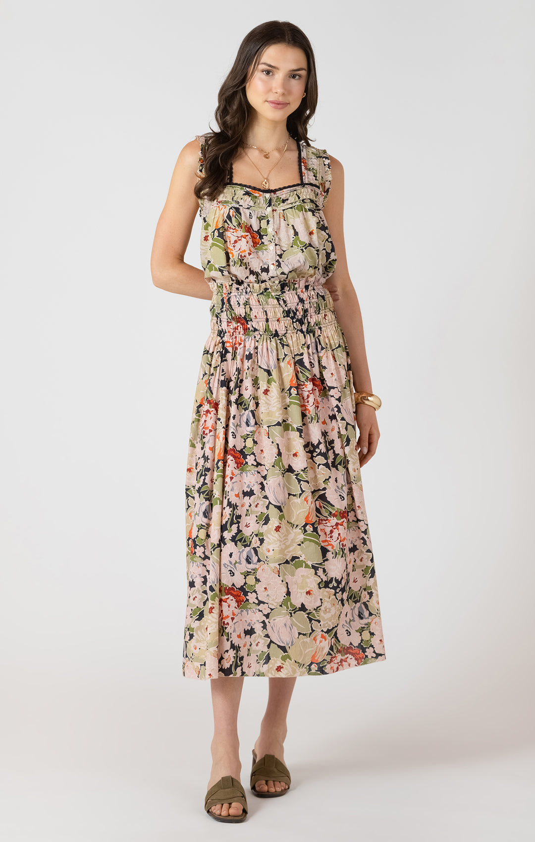SMOCKED WAIST MIDI SKIRT - VINTAGE ROSE
