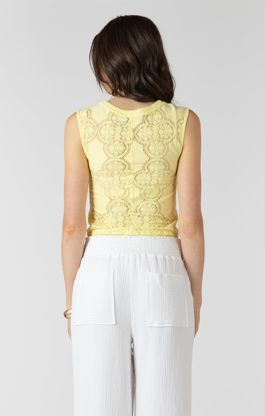 LACE CUTOUT BUTTON FRONT TANK - LEMON