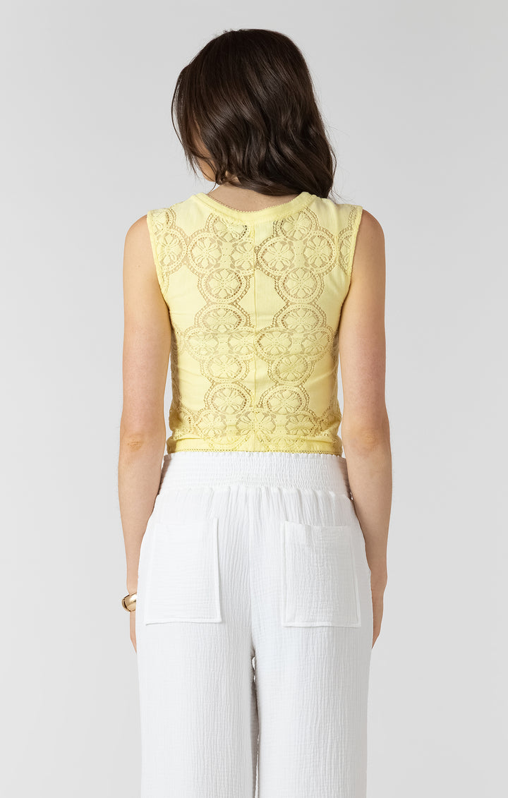 LACE CUTOUT BUTTON FRONT TANK - LEMON