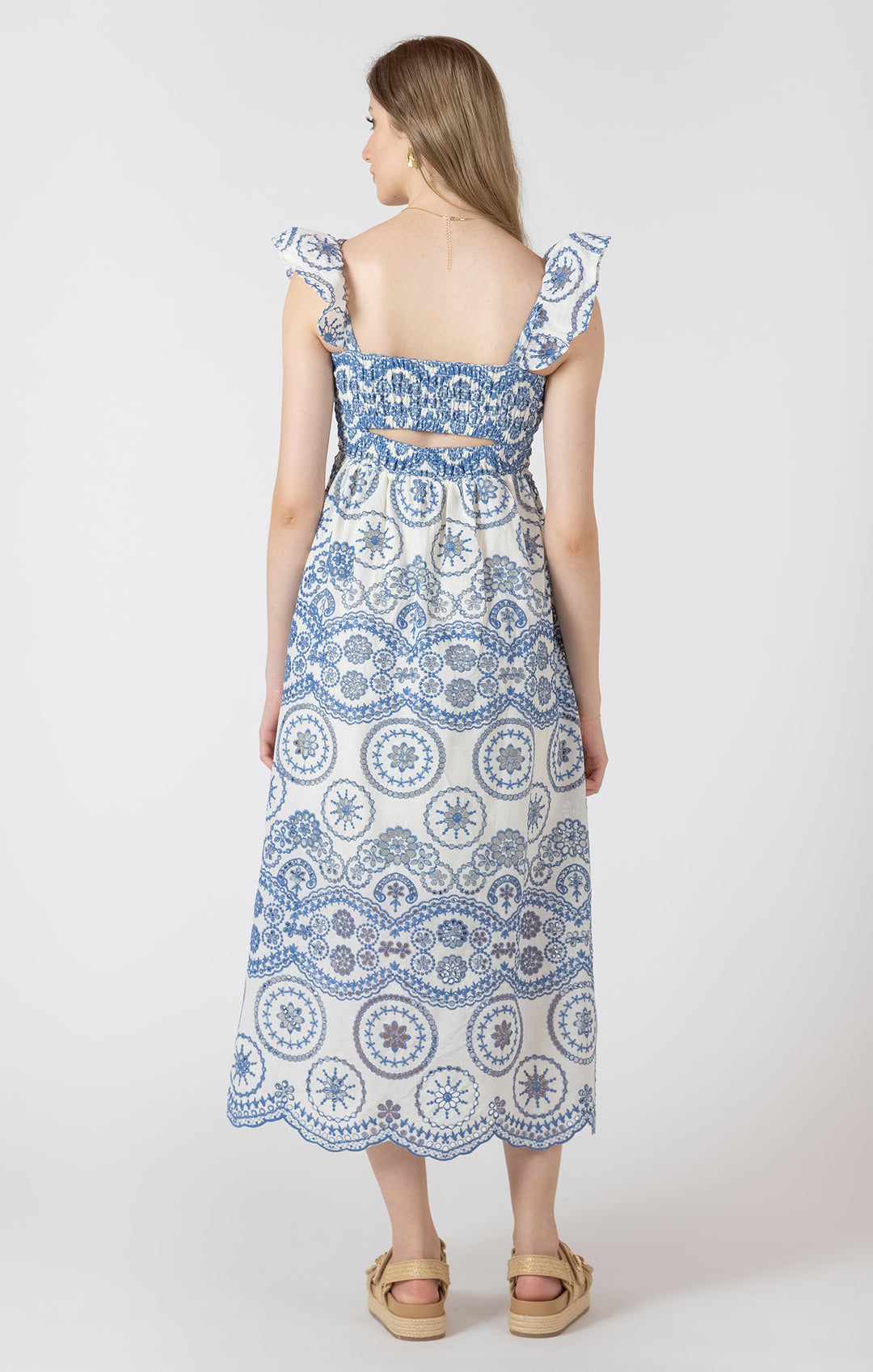 CUTOUT EMBROIDERED DRESS - BLUE + IVORY