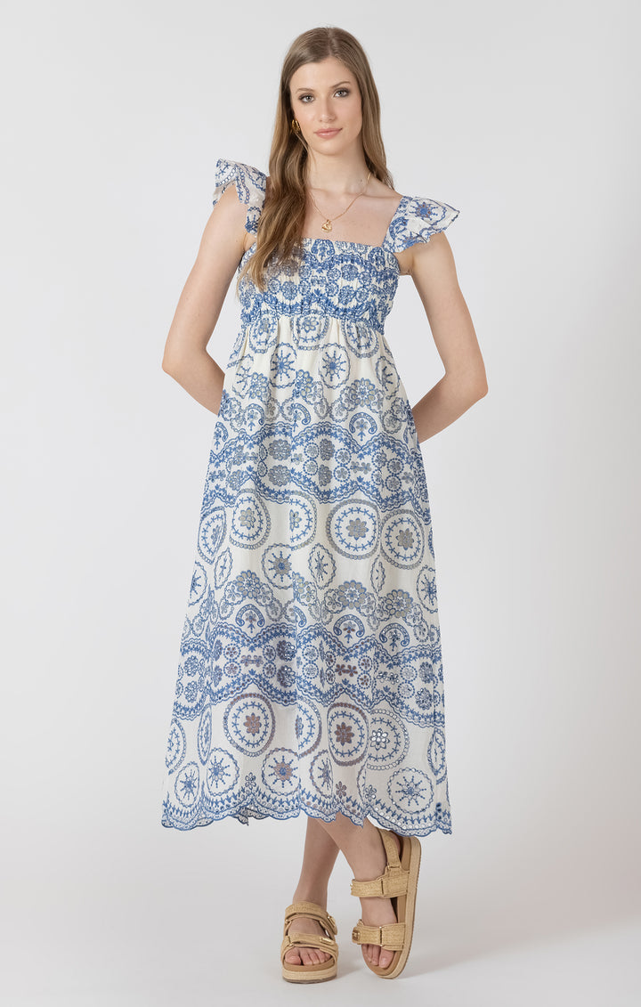 CUTOUT EMBROIDERED DRESS - BLUE + IVORY