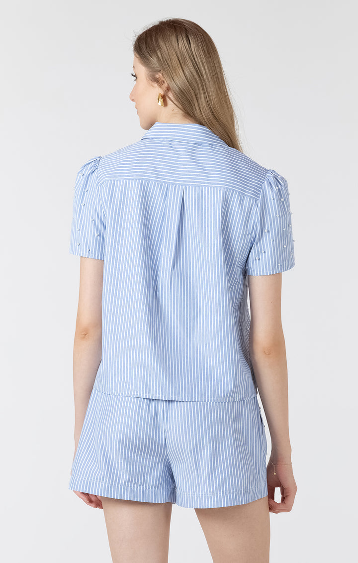 PEARL DETAIL BUTTON FRONT SHORT SLEEVE BLOUSE - CHAMBRAY