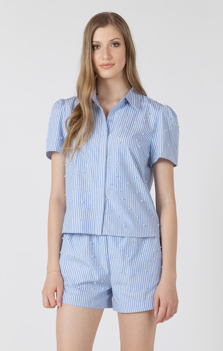 PEARL DETAIL BUTTON FRONT SHORT SLEEVE BLOUSE - CHAMBRAY