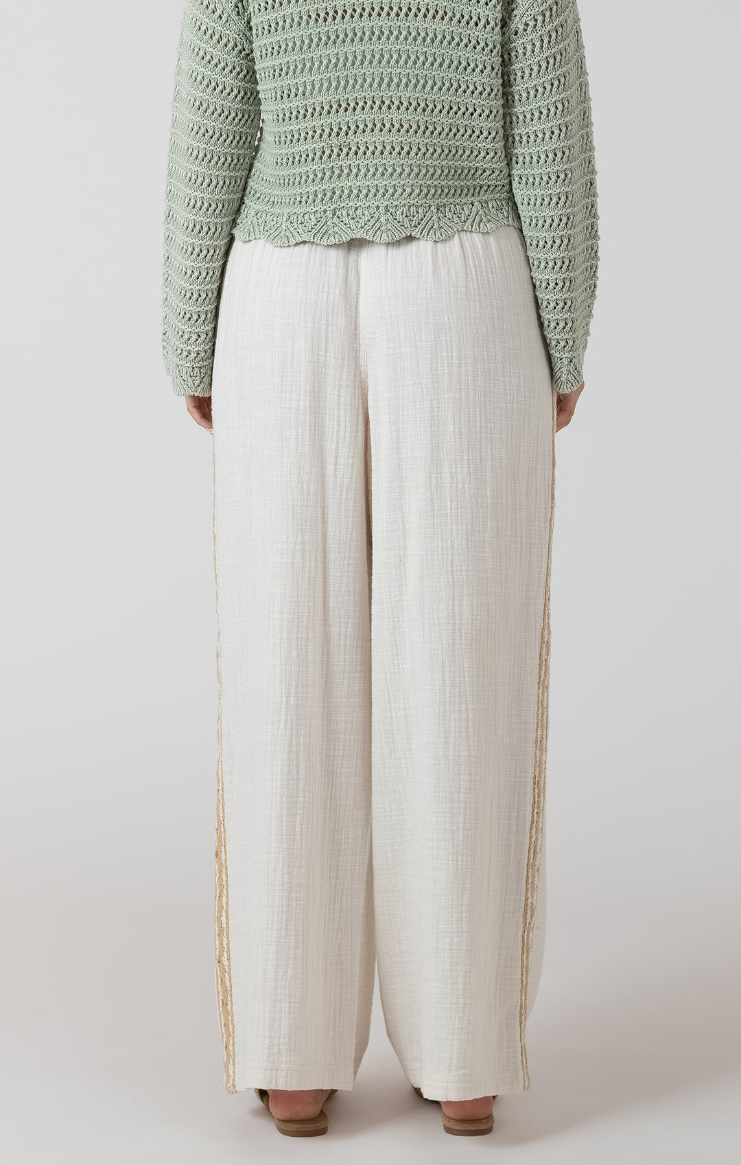 CROCHET TRIMMED WIDE LEG PANT - ECRU