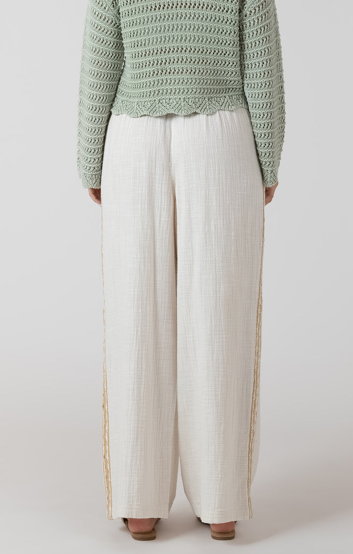 CROCHET TRIMMED WIDE LEG PANT - ECRU