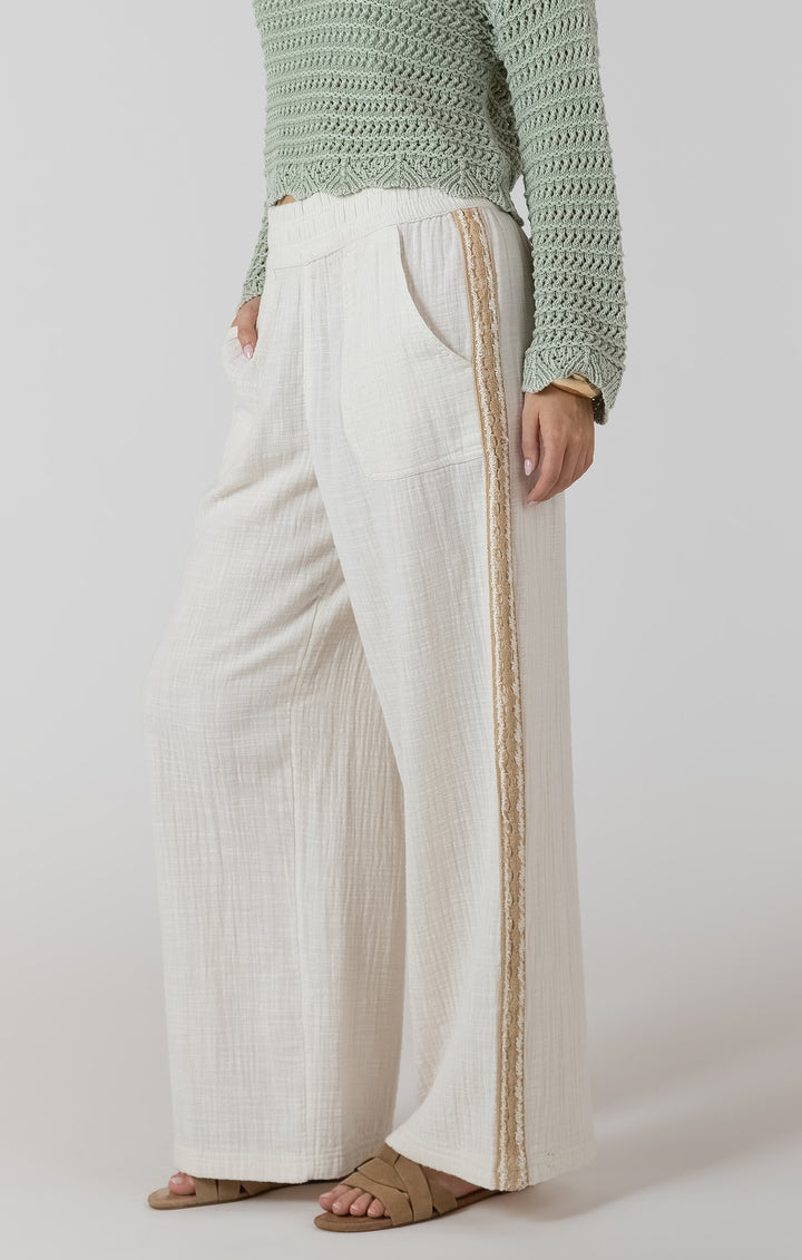 CROCHET TRIMMED WIDE LEG PANT - ECRU
