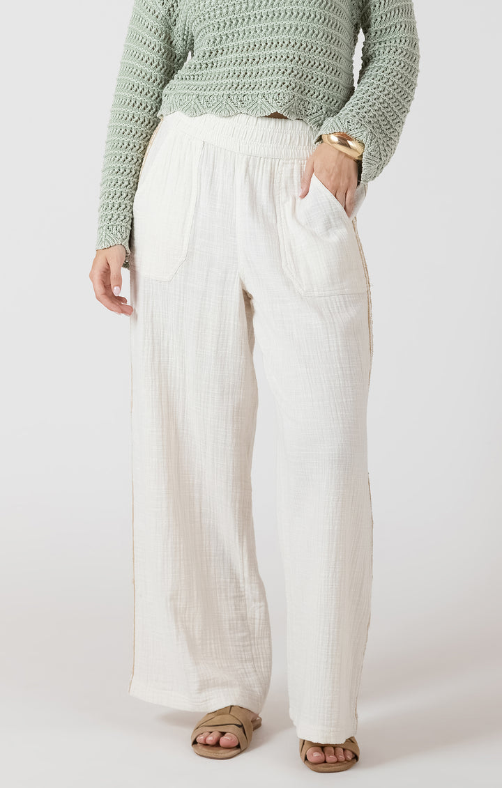 CROCHET TRIMMED WIDE LEG PANT - ECRU