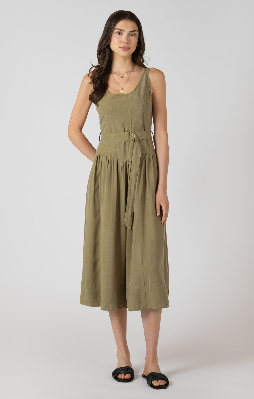 BELTED DROP WAIST MIDI DRESS - DUSTY SAGE