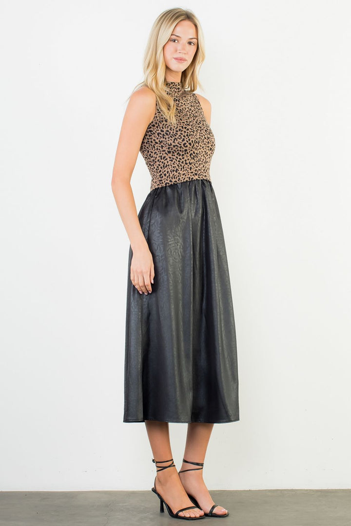 SLEEVELESS CHEETAH PRINT MIXED MEDIA DRESS - BLACK