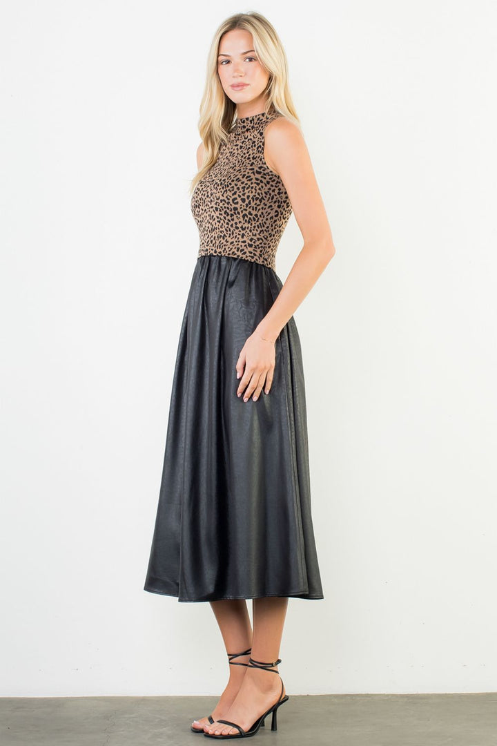 SLEEVELESS CHEETAH PRINT MIXED MEDIA DRESS - BLACK