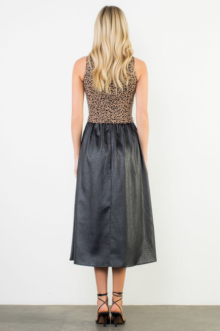SLEEVELESS CHEETAH PRINT MIXED MEDIA DRESS - BLACK