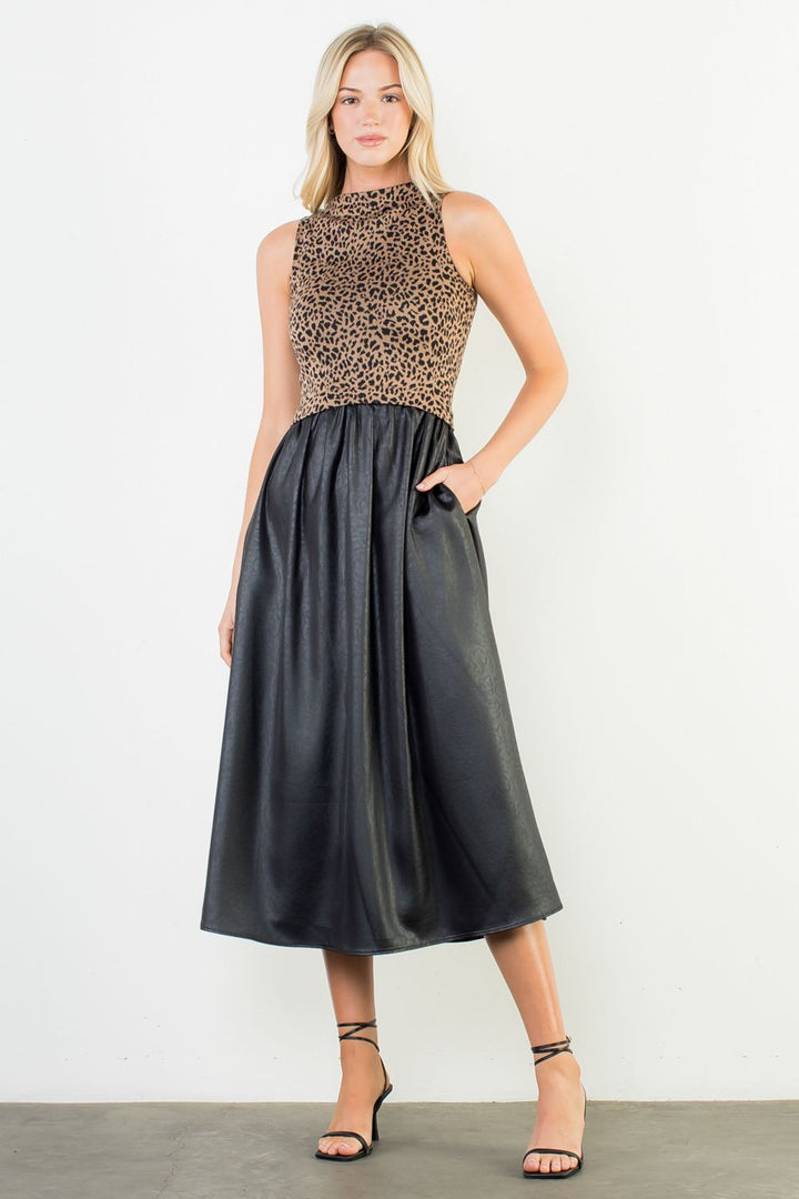 SLEEVELESS CHEETAH PRINT MIXED MEDIA DRESS - BLACK