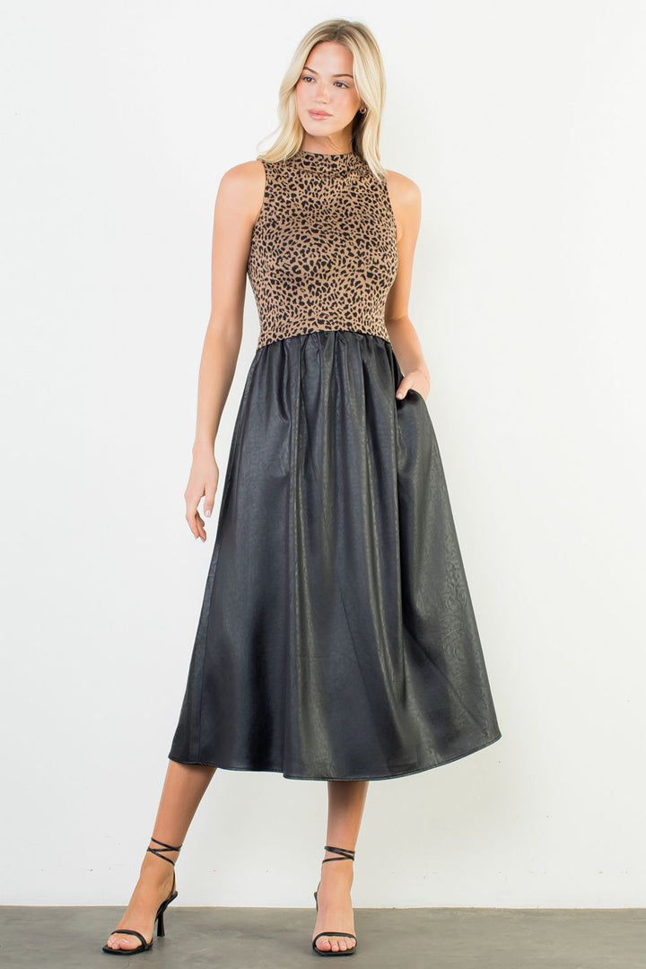 SLEEVELESS CHEETAH PRINT MIXED MEDIA DRESS - BLACK