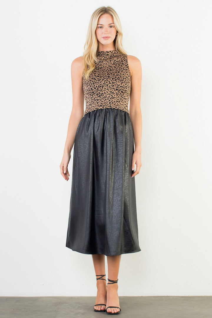 SLEEVELESS CHEETAH PRINT MIXED MEDIA DRESS - BLACK