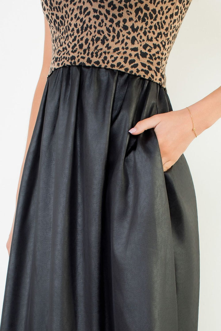SLEEVELESS CHEETAH PRINT MIXED MEDIA DRESS - BLACK