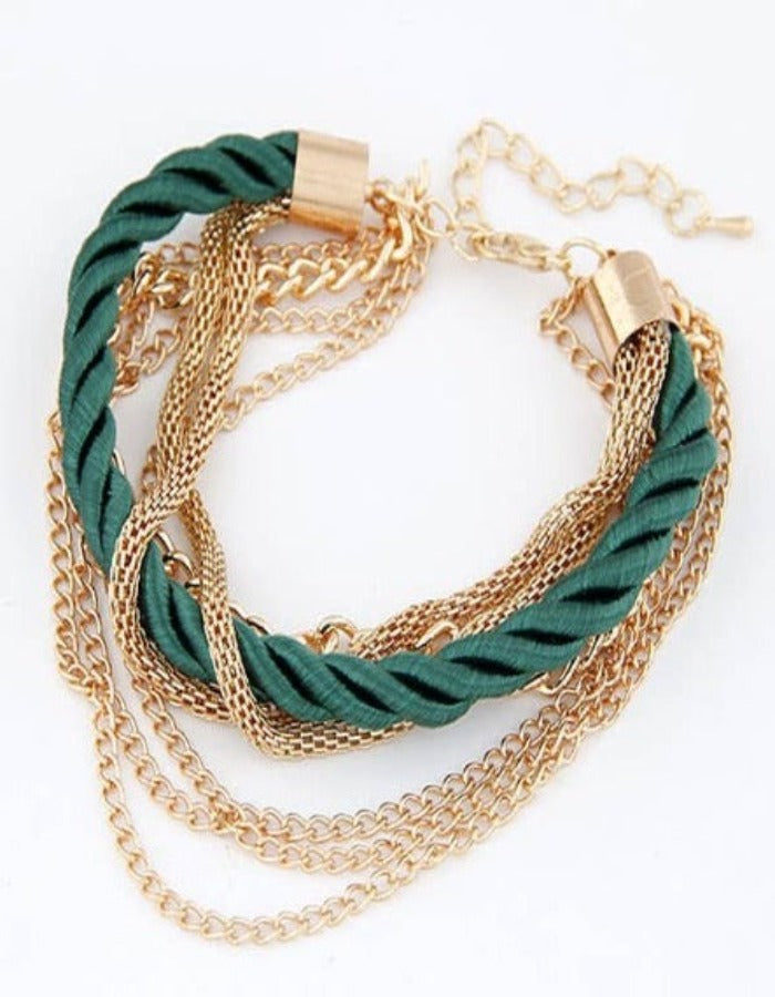 MULTILAYERED ROPE + CHAIN BRACELET - GREEN + GOLD