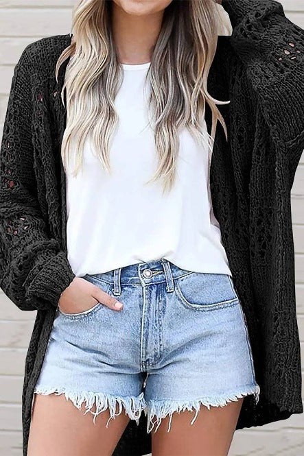 CROCHET DOLMAN SLEEVE CARDIGAN - BLACK