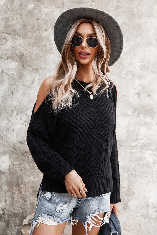 OPEN SHOULDER SWEATER - BLACK