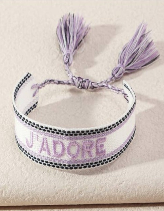 I ADORE YOU HANDSTITCHED FABRIC BRACELET - LILAC