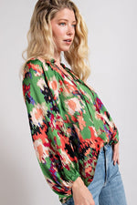 ABSTRACT FLORAL DOLMAN TOP - GREEN