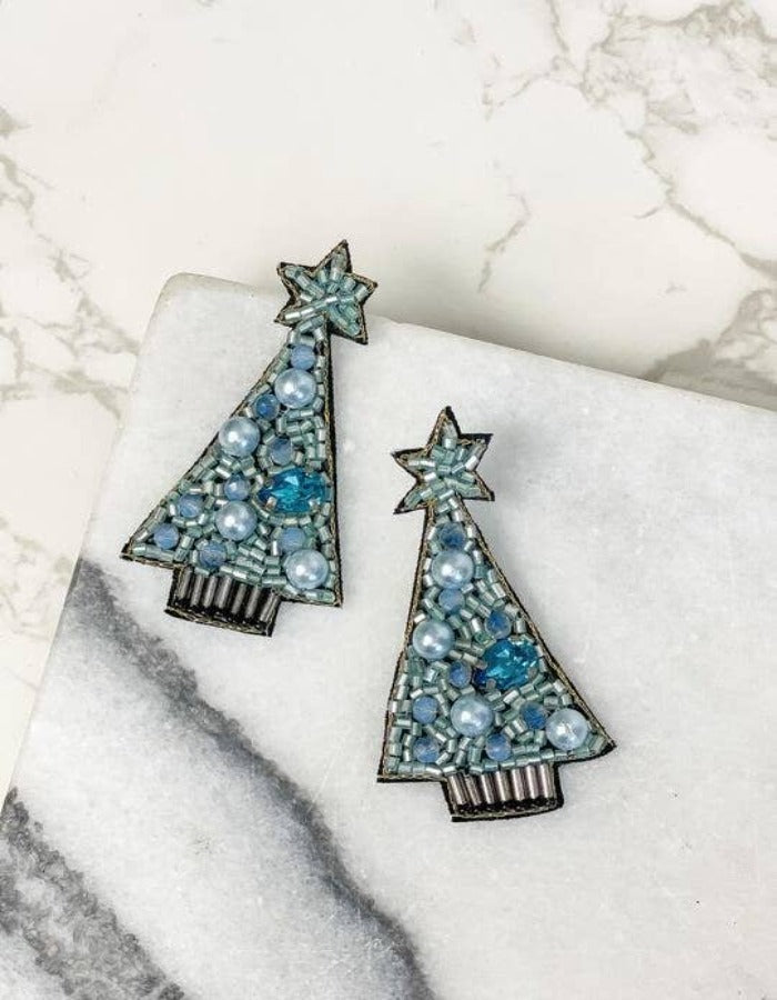 BEADED CHRISTMAS TREE EARRING - BLUE