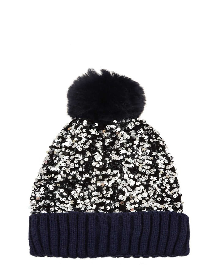 SEQUINED WINTER BEANIE HAT - NAVY