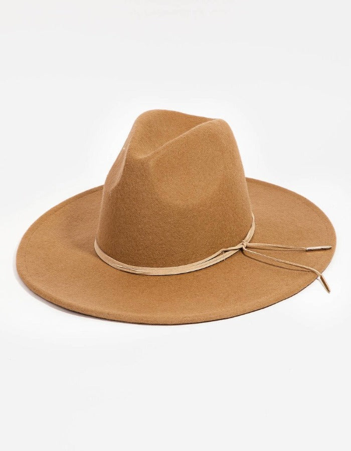 LEATHER TIE WOOL FEDORA HAT - CAMEL BROWN