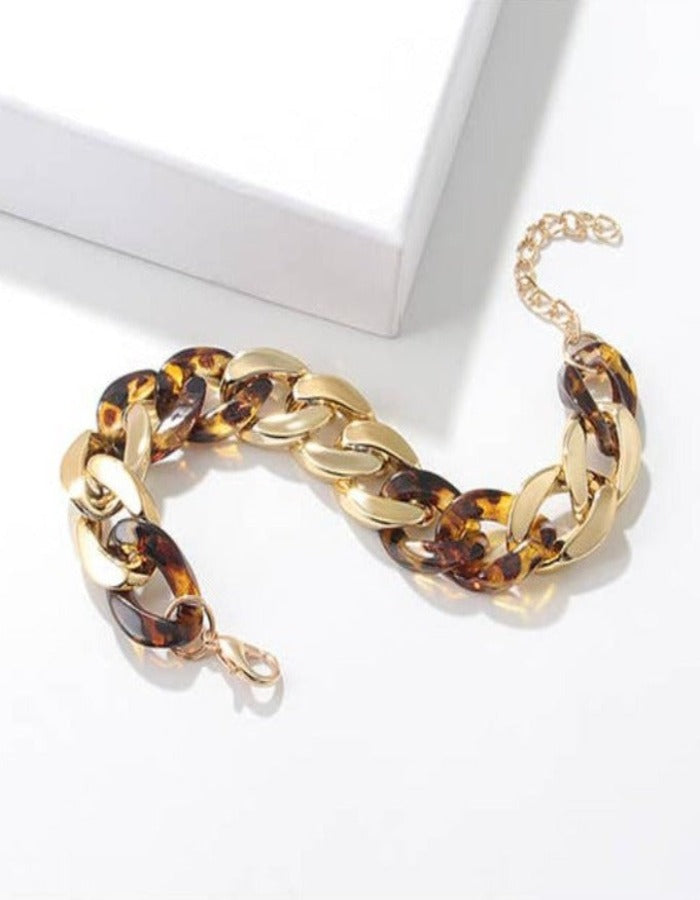 TORTOISE RESIN CHAIN LINK BRACELET - BROWN + GOLD