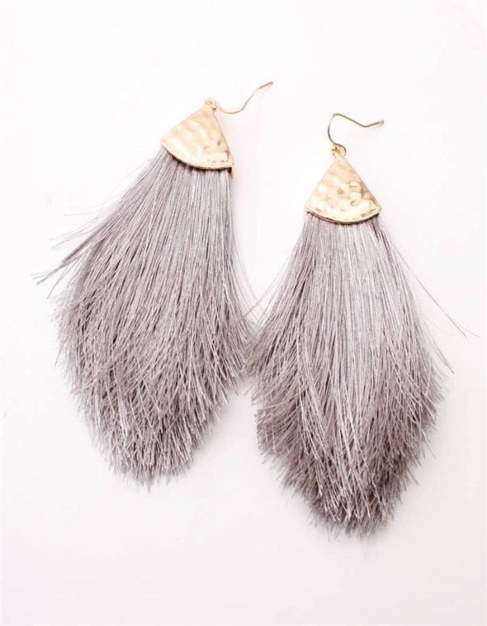 TASSEL BOHO FRINGE EARRINGS - GREY + GOLD