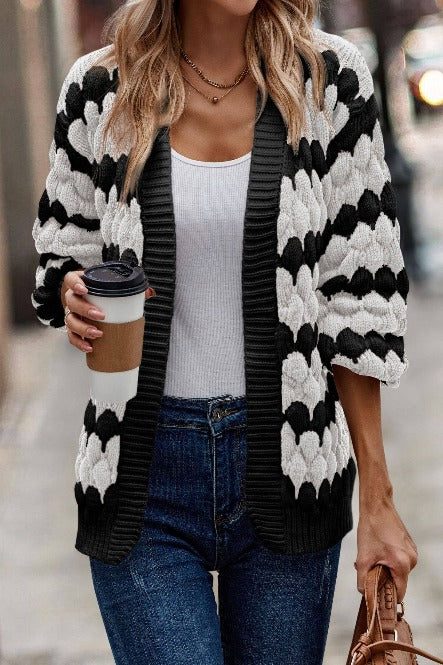 SCALLOP PATTERNED OPEN KNIT CARDIGAN - BLACK + WHITE