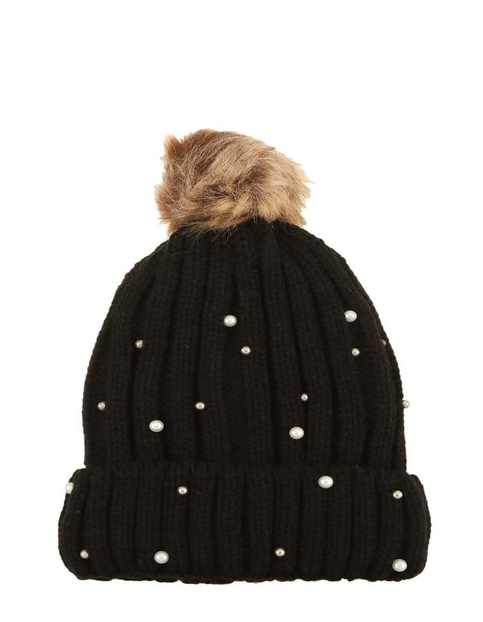 PEARL ACCENTED WINTER BEANIE HAT - NAVY