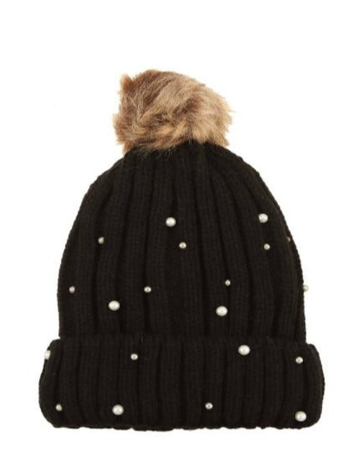 PEARL ACCENTED WINTER BEANIE - BLACK