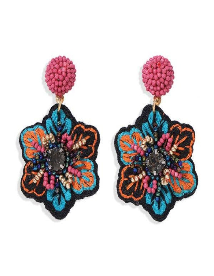 EMBROIDERY + BEAD FLOWER EARRINGS - HOT PINK