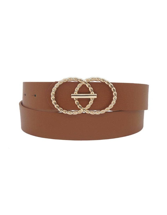 TWISTED DOUBLE CIRCLE WITH CENTER BAR BELT - COGNAC