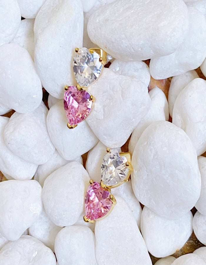 COLORS OF LOVE HEART CRYSTAL STUD EARRINGS - PINK + WHITE