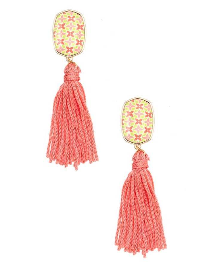 GEO PRINTED ENAMEL + TASSEL DROP EARRINGS - PEACH