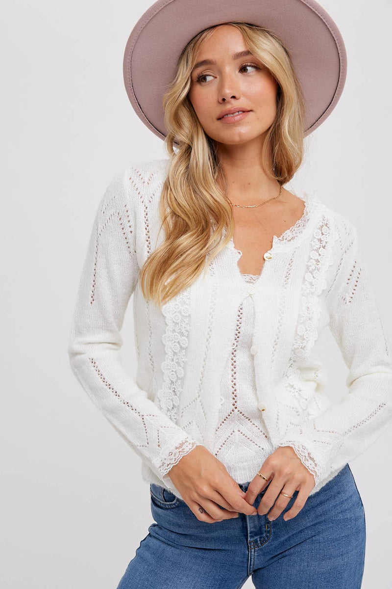 LACE TRIMMED KNIT CARDIGAN - IVORY