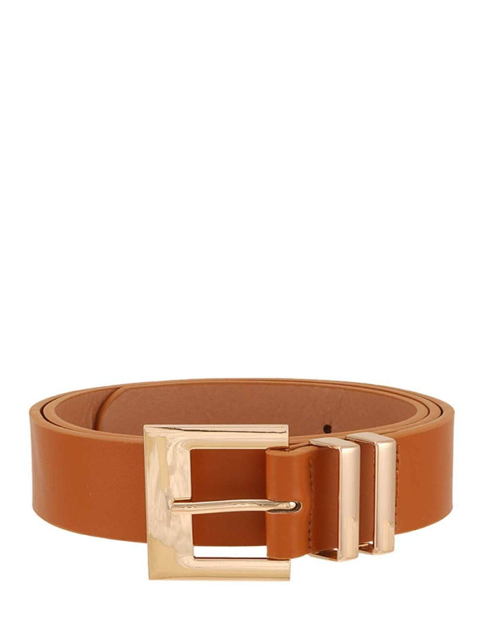 RECTANGLE DOUBLE METAL BUCKLE BELT - COGNAC