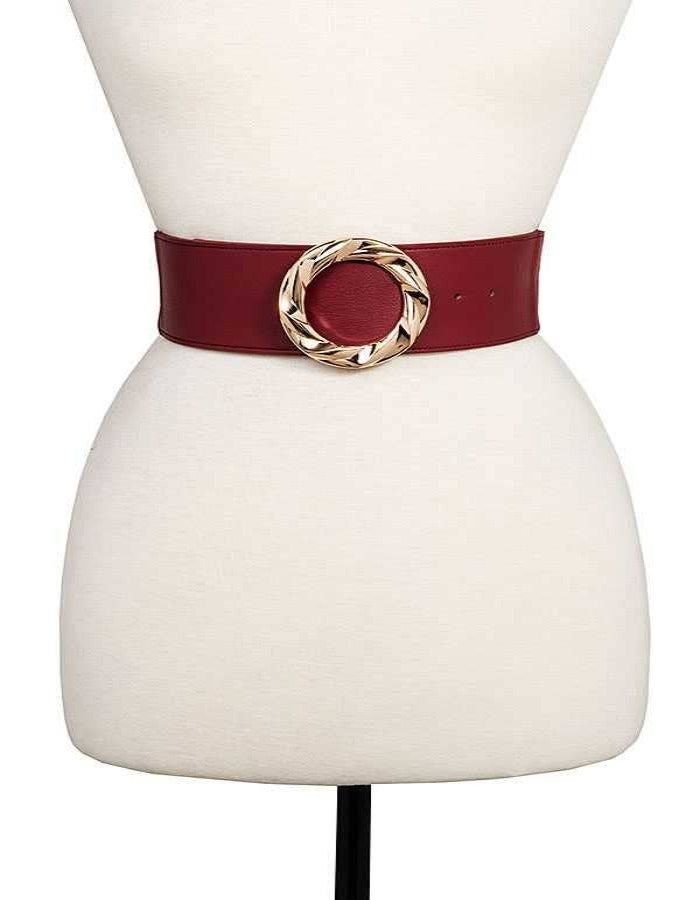 ROUND BUCKLE STRETCH BELT - RED