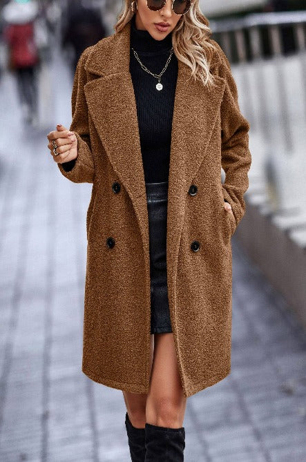 DOUBLE BREASTED SHERPA MID LENGTH COAT - COFFEE