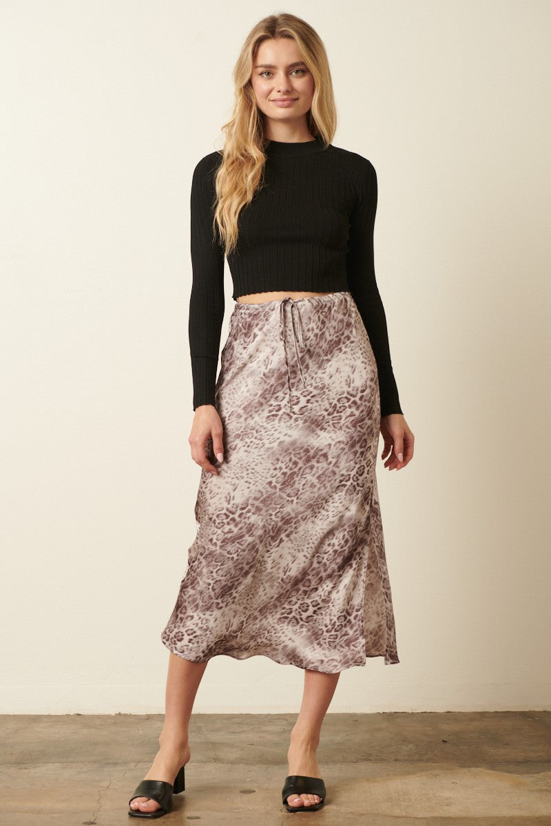 SATIN LEOPARD SKIRT - COCOA