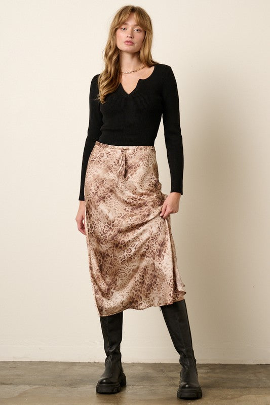 SATIN LEOPARD SKIRT - COCOA