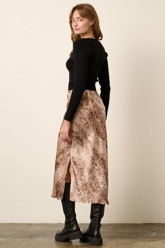 SATIN LEOPARD SKIRT - COCOA